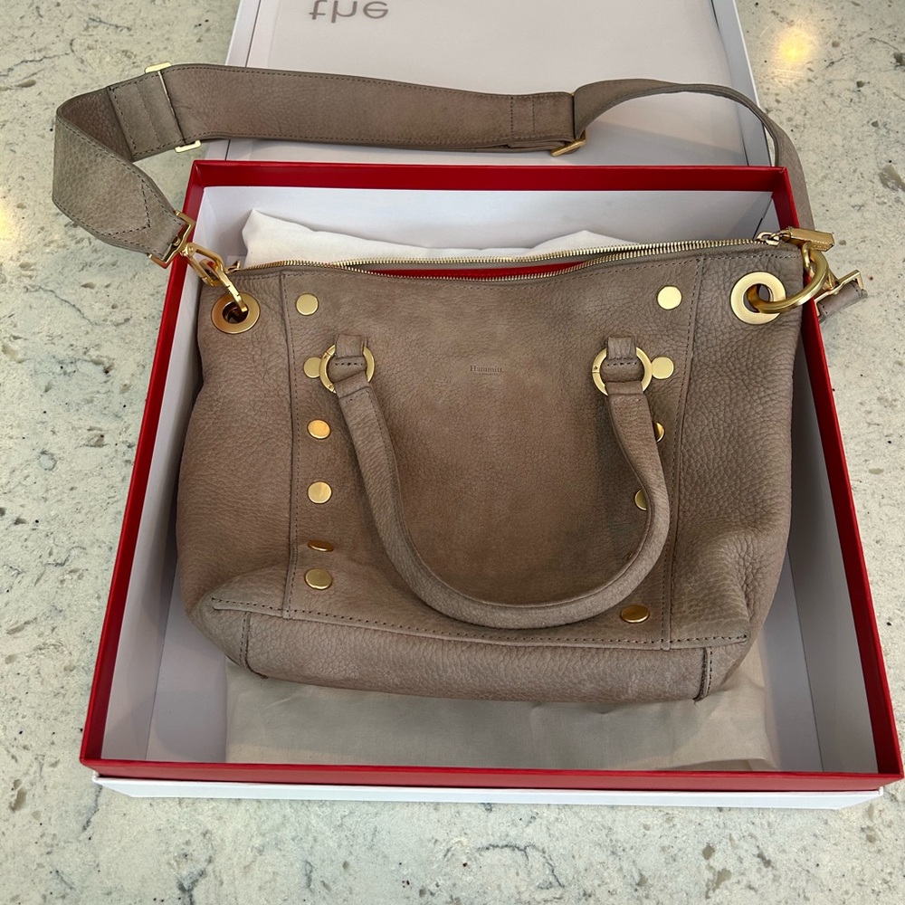 HAMMITT DANIEL MEDIUM NUBUCK LEATHER SATCHEL BAG IN GREY NATURAL BRUSHED GOLD